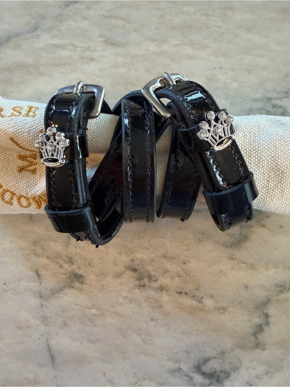 Black Patent Leather English Spur Straps with Rhinestone Crown Charms